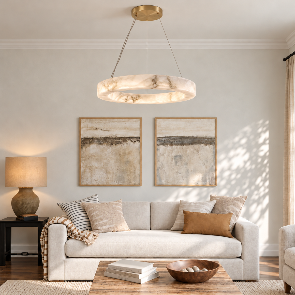Anello Spanish alabaster ring chandelier installed above a neutral living-room seating area