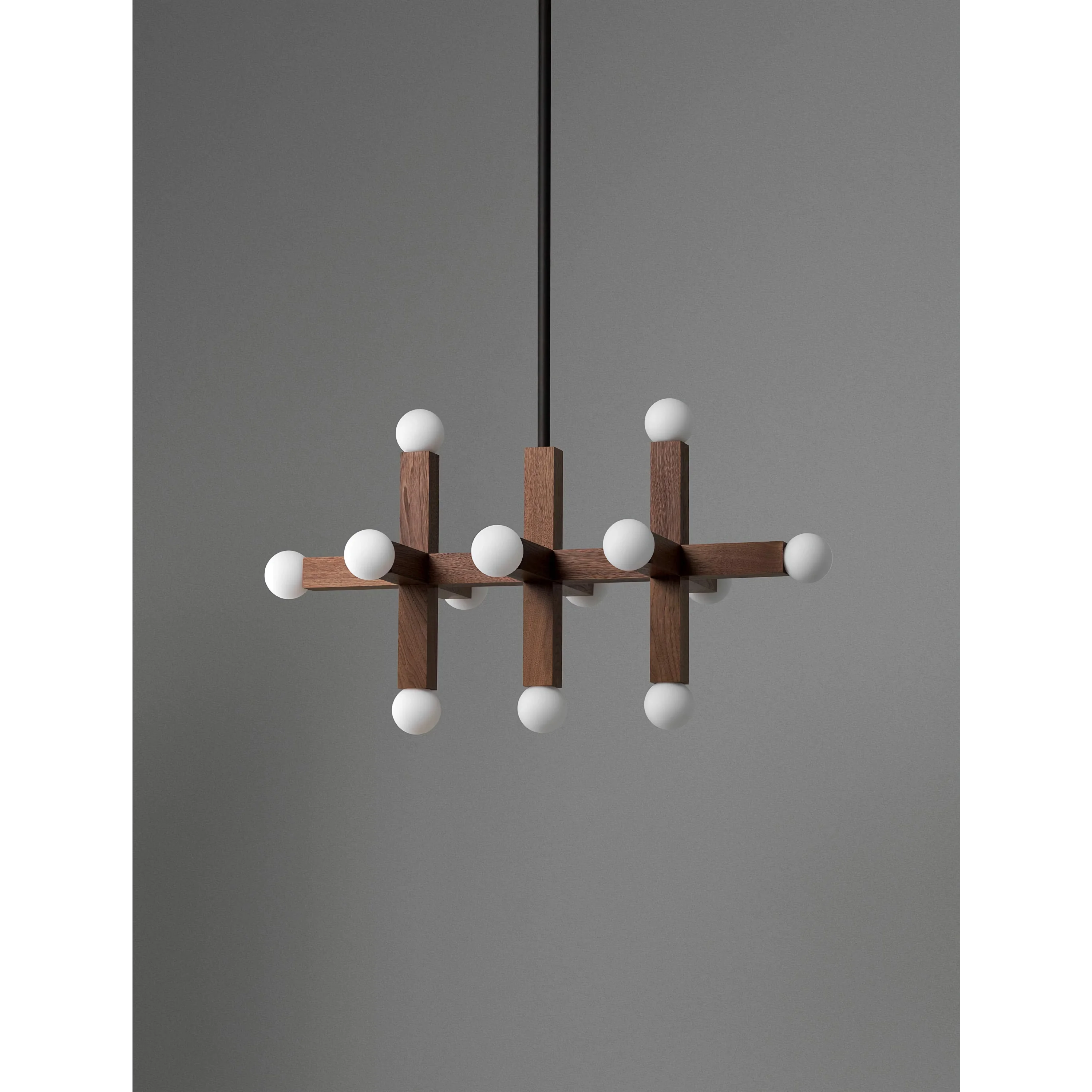 Geometric Walnut Grid Chandelier | 12 Light Opal Globe Pendant | Modern Sculptural Ceiling Fixture for Dining or Studio