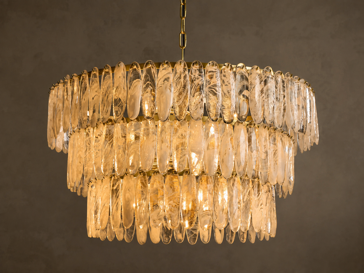 Tiered Glass Chandelier for Dining Room | 3 Tier Hand-blown Swirl 38 Inch Solid Brass Art Deco Casalolalights Luxury