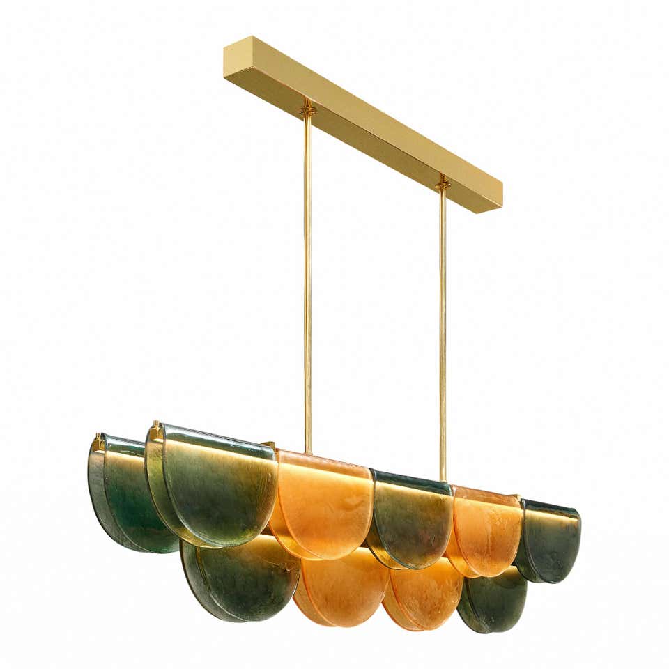 Petalo Linear Chandelier — Hand-Blown Olive Glass & Brass | CL89AGPETV