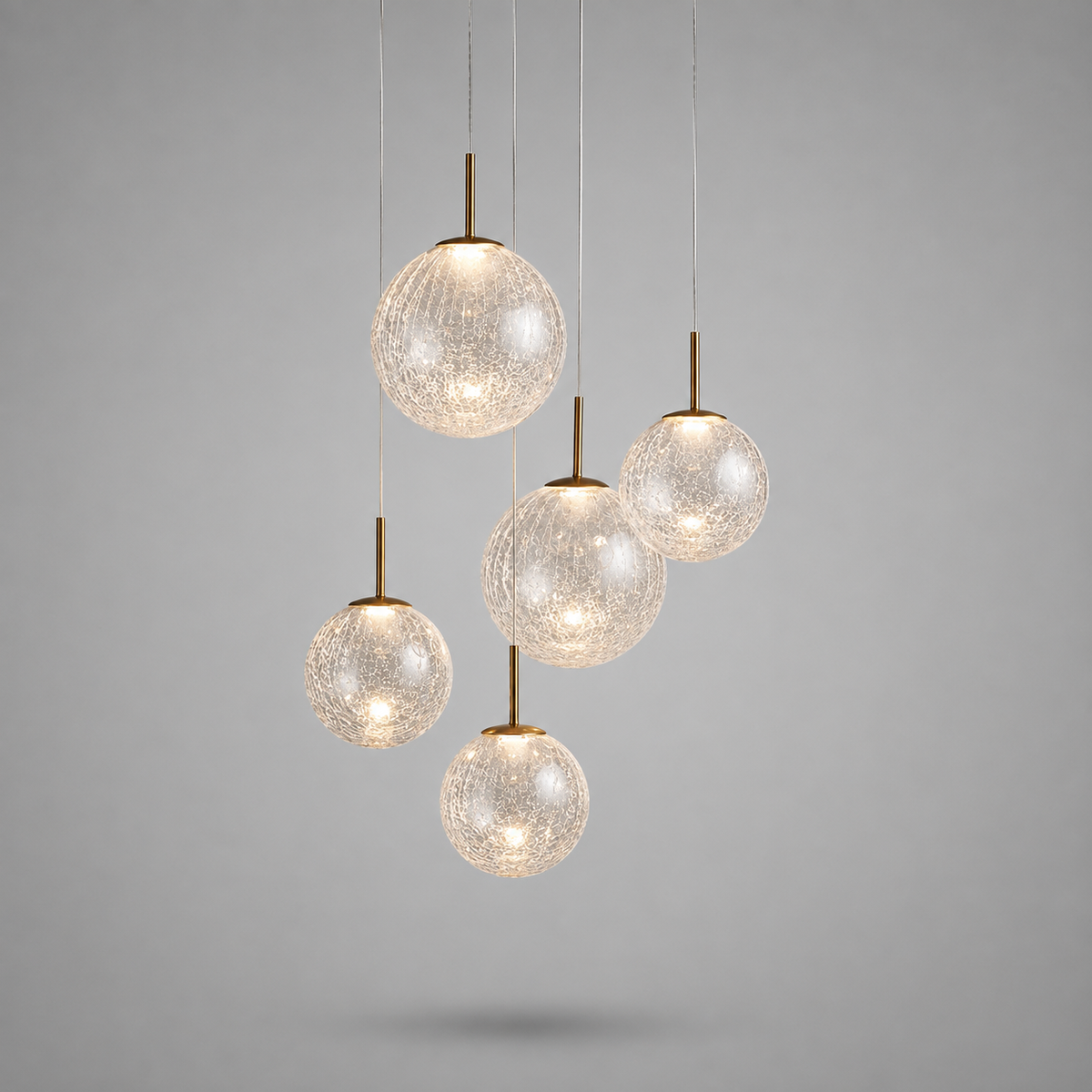 Colored glass and brass 5-light kitchen island pendant, lit, second angle — CLND008