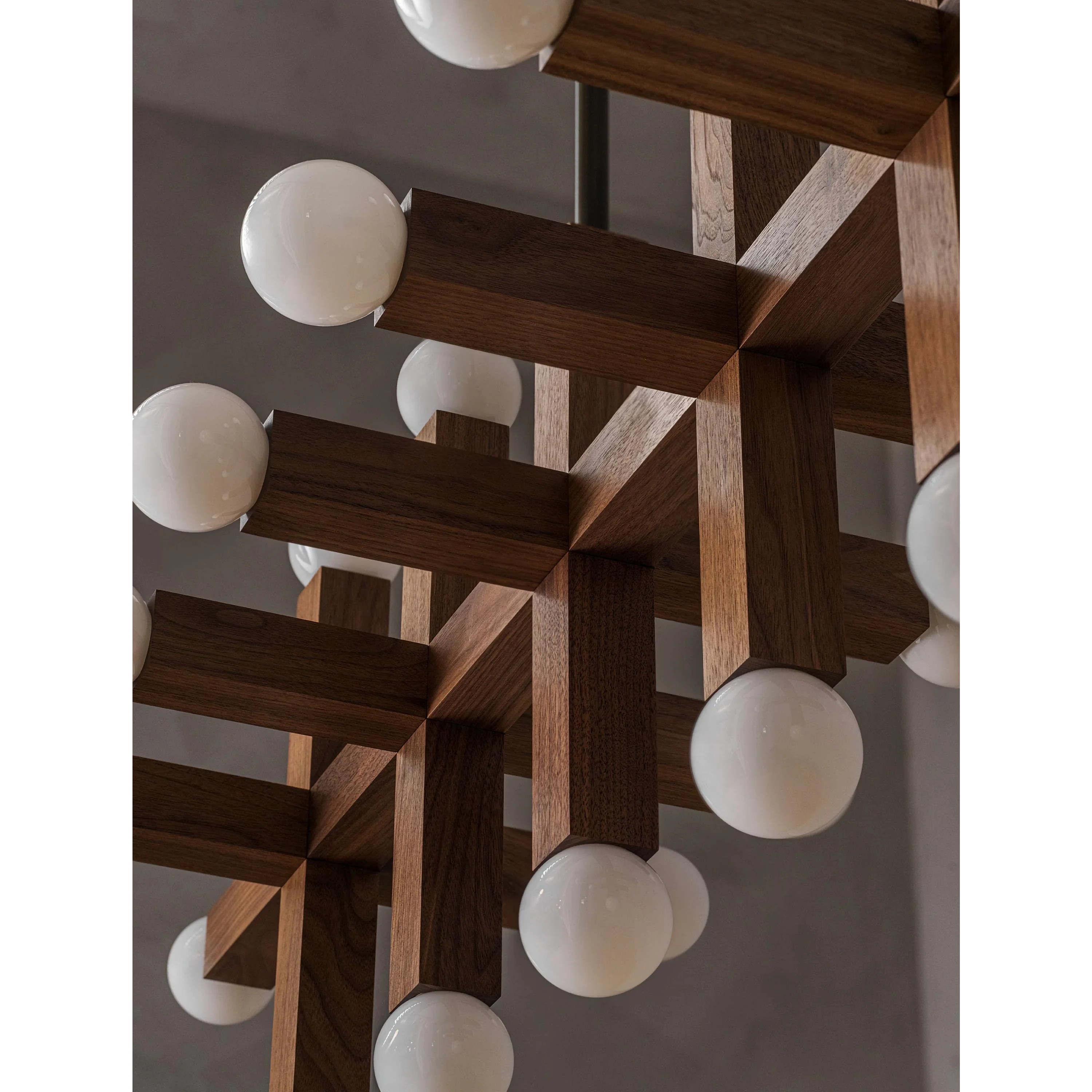 Union 5 20 Light Walnut Grid Chandelier | Sculptural Wood Globe Pendant | Modern Statement Fixture for Dining Room