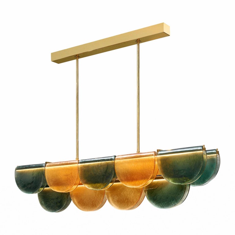 Petalo Linear Chandelier — Hand-Blown Olive Glass & Brass | CL89AGPETV