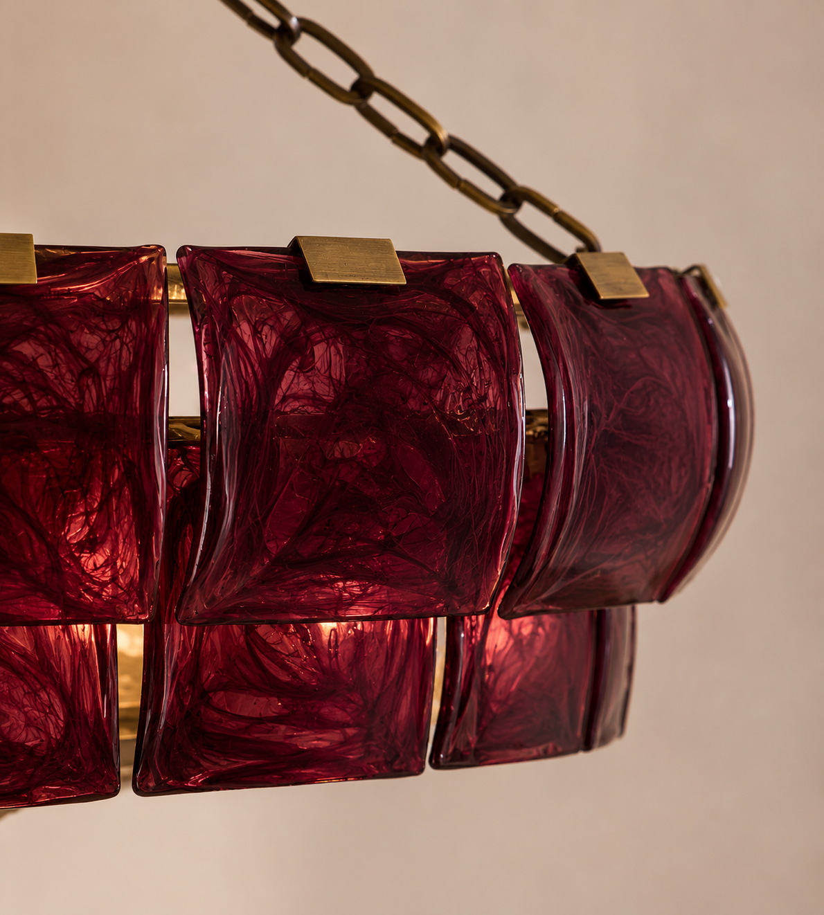 BURGUNDY GLASS & ANTIQUE BRASS CHANDELIER