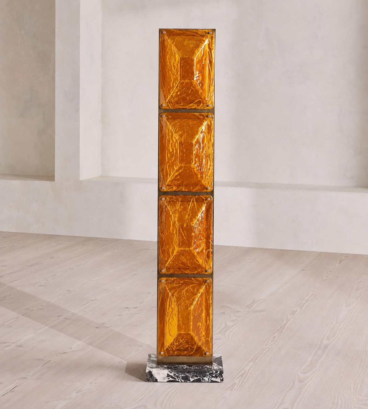 SCULPTURAL AMBER TAPERED GLASS & BRASS FLOOR LAMP