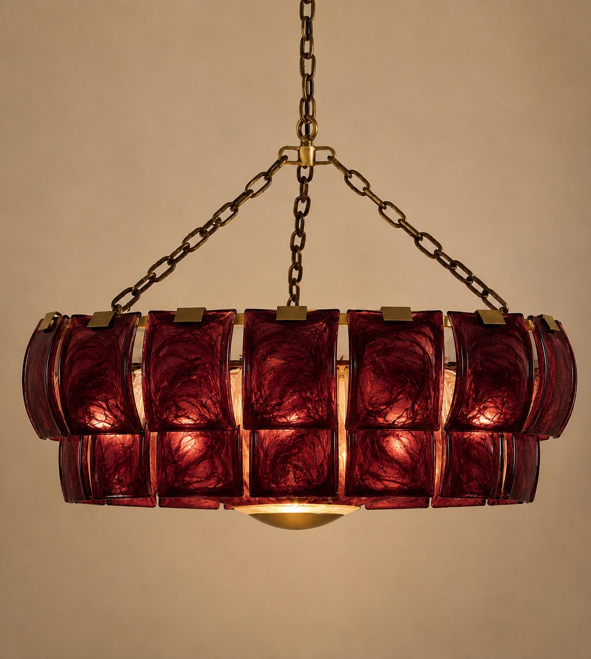 BURGUNDY GLASS & ANTIQUE BRASS CHANDELIER