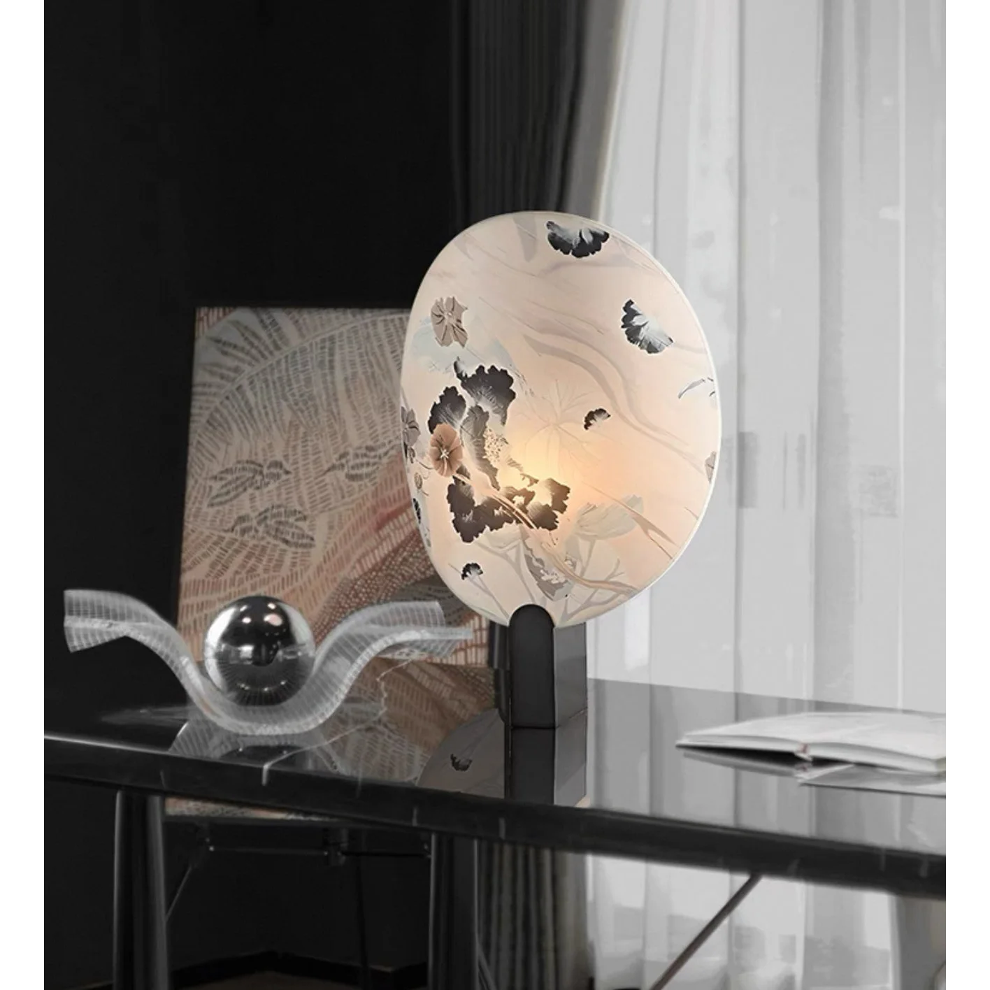 Artisanal Printed Glass Table Lamp – Modern Japanese Inspired Design White Akira