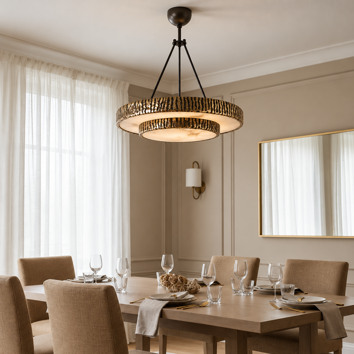 Round alabaster chandelier above a dining table in a naturally lit room.