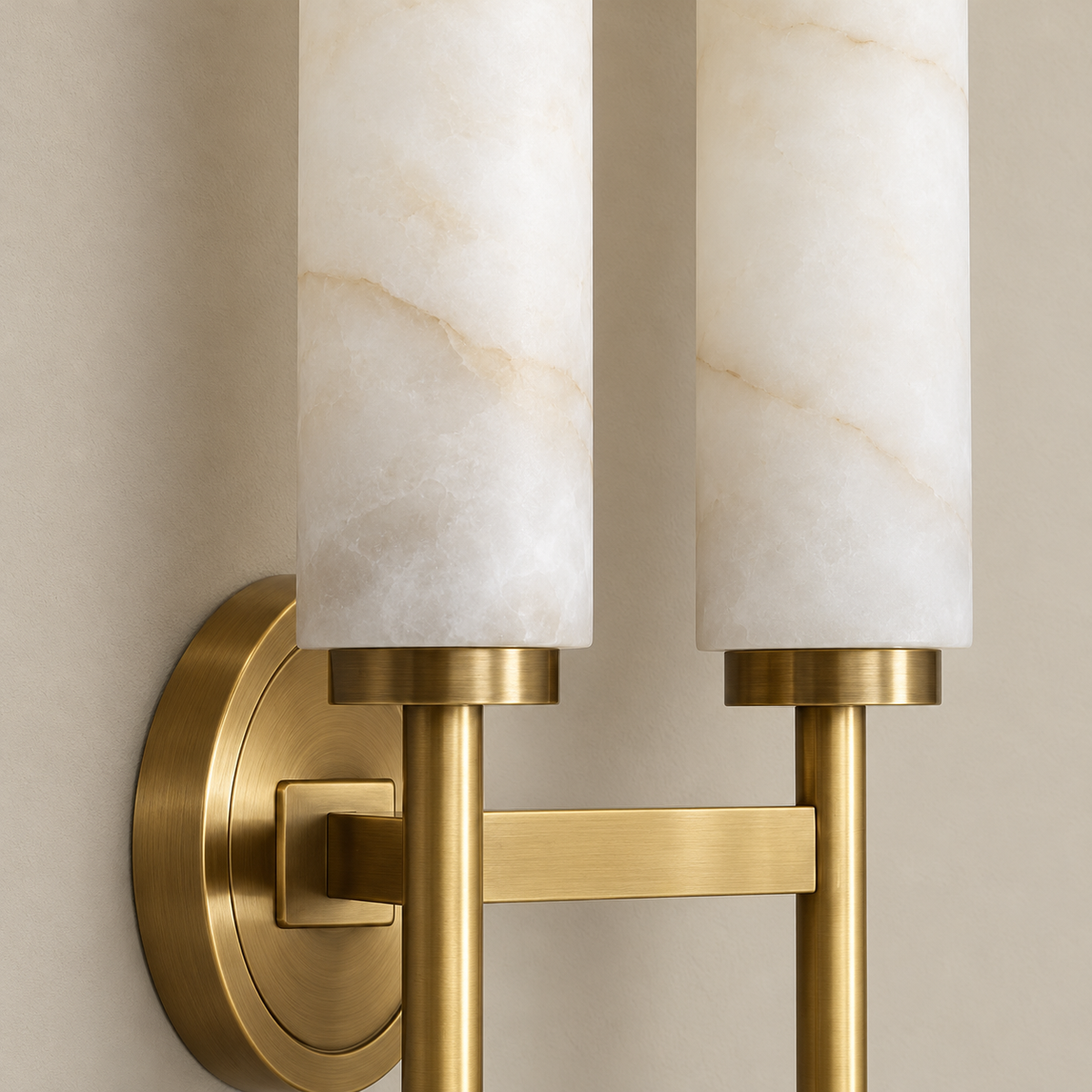 Detail of the natural alabaster cylinders and brass supporting crossbar.