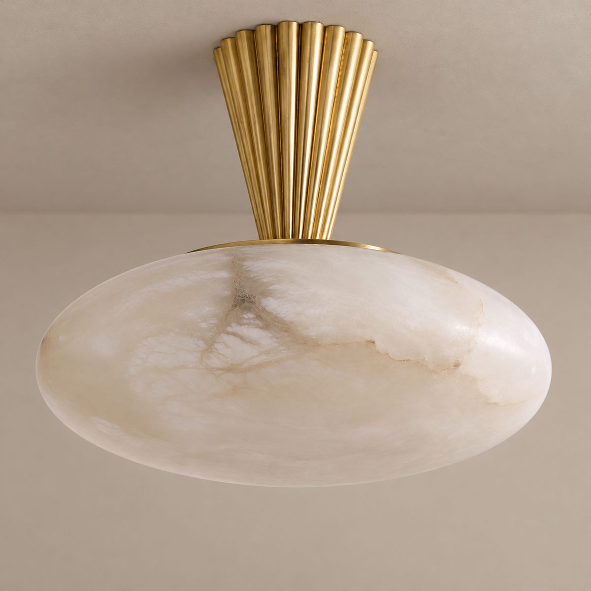 Close view of the CLALF032 alabaster mineral pattern and fluted brass stem.
