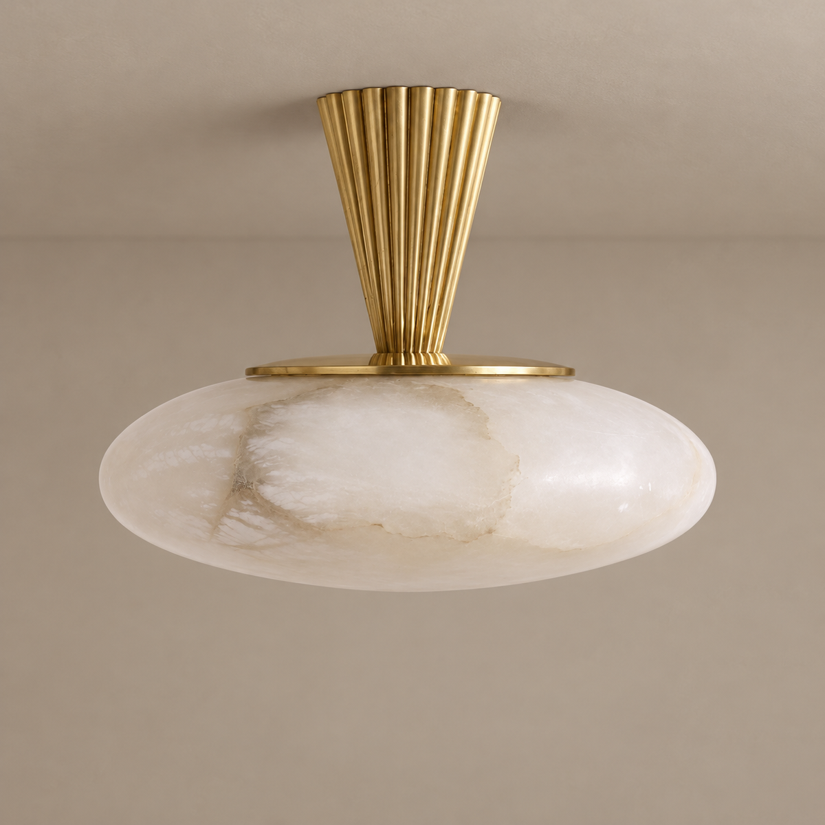CLALF032 alabaster semi-flush ceiling light switched off, with a tapered fluted brass stem.