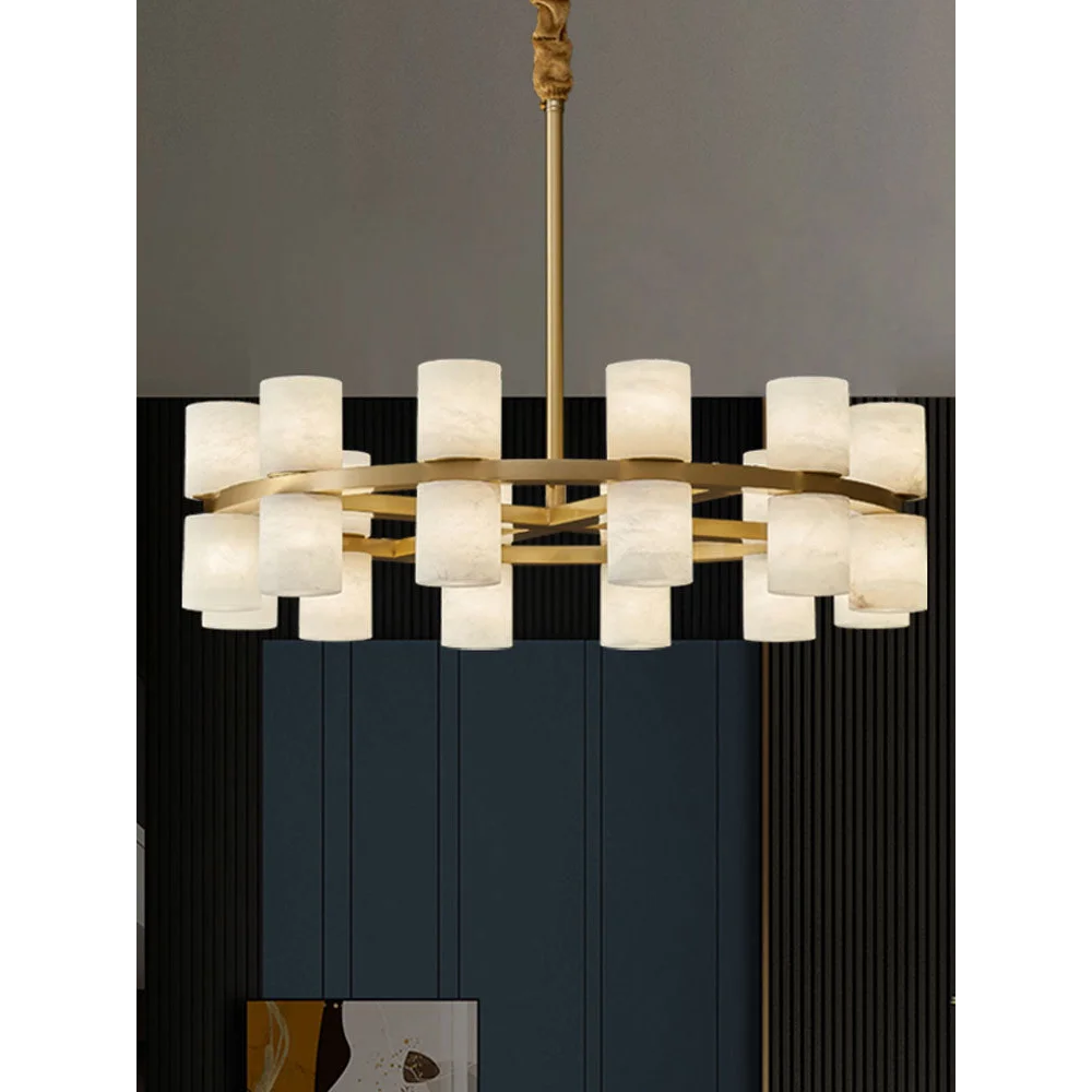 Alabaster Cylinder Chandelier | 2-tier Brass Frame Pendant | 12-light Fixture for Dining Room Foyer or Gallery