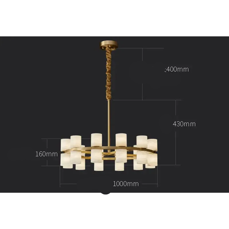 Alabaster Cylinder Chandelier | 2-tier Brass Frame Pendant | 12-light Fixture for Dining Room Foyer or Gallery