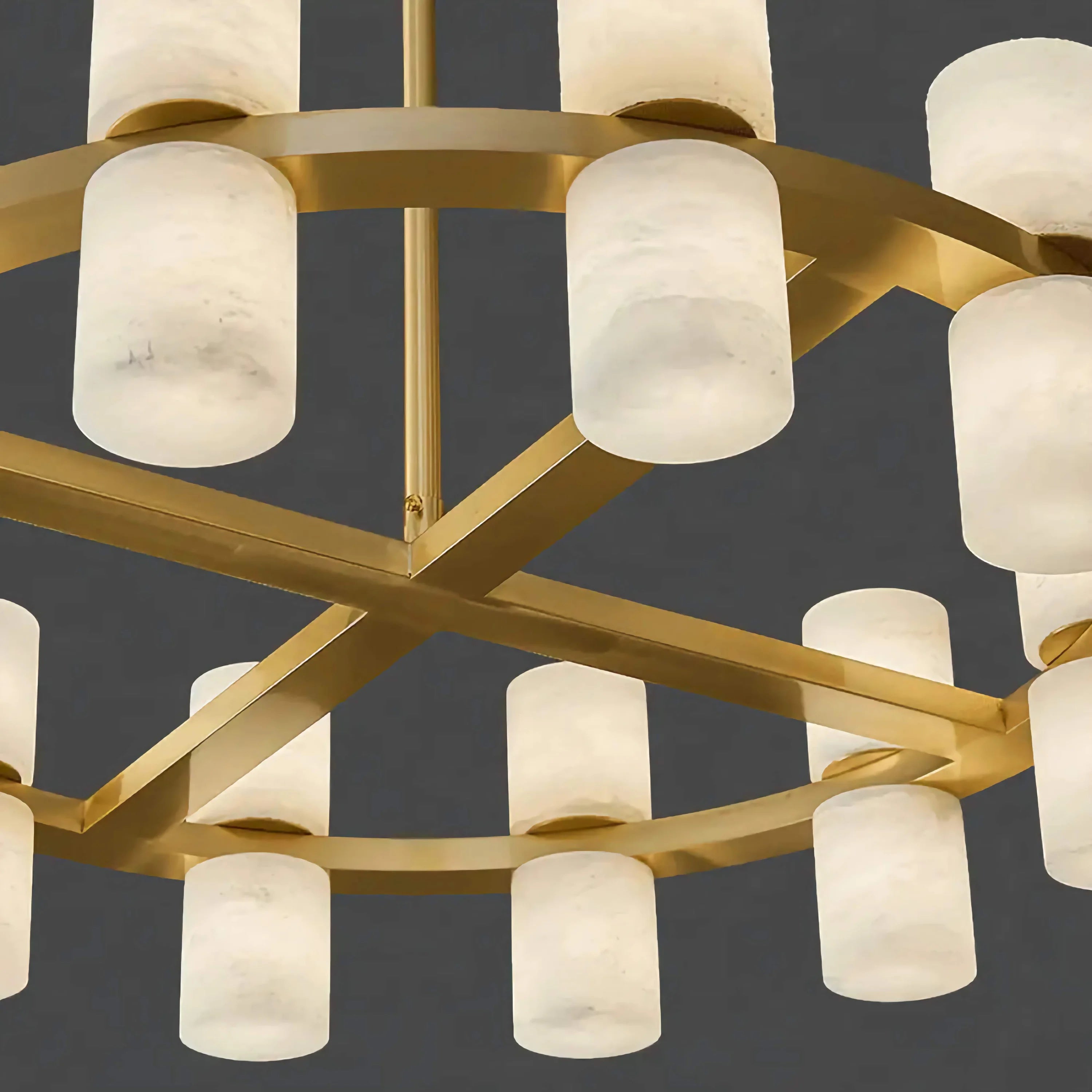 Alabaster Cylinder Chandelier | 2-tier Brass Frame Pendant | 12-light Fixture for Dining Room Foyer or Gallery