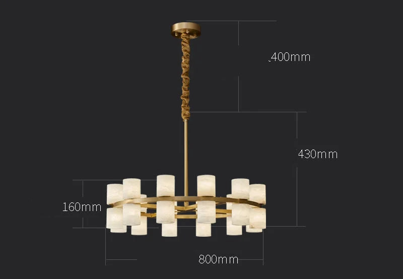 Alabaster Cylinder Chandelier | 2-tier Brass Frame Pendant | 12-light Fixture for Dining Room Foyer or Gallery
