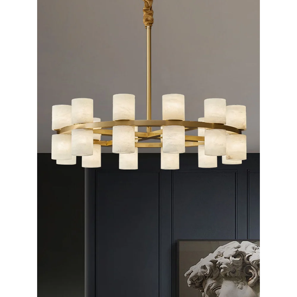 Alabaster Cylinder Chandelier | 2-tier Brass Frame Pendant | 12-light Fixture for Dining Room Foyer or Gallery