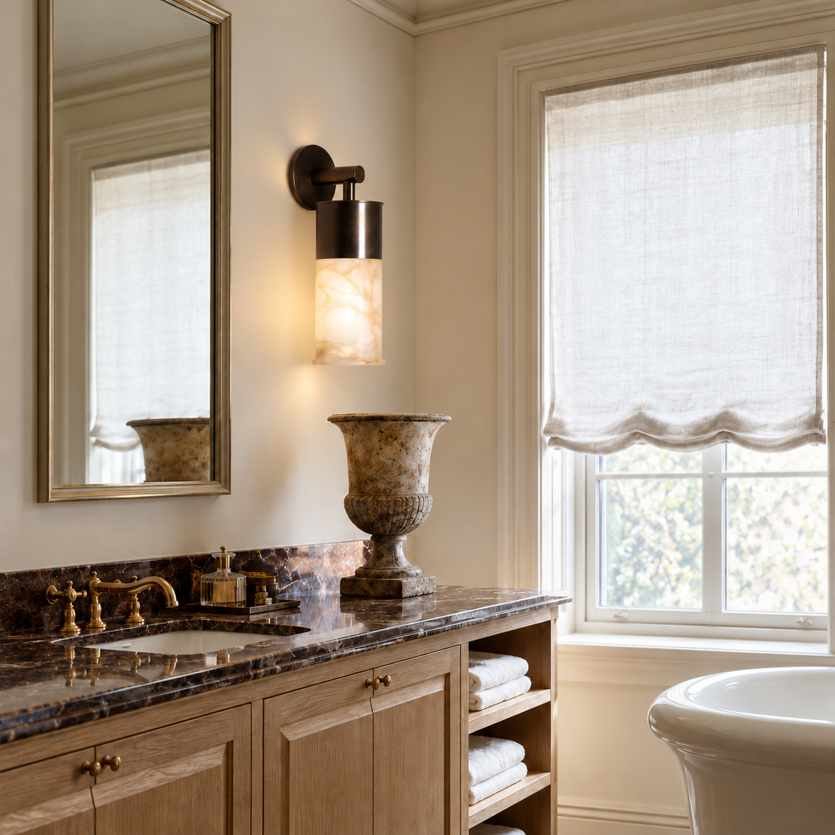 Alabaster cylinder wall sconce beside a mirror over a wood bathroom vanity.