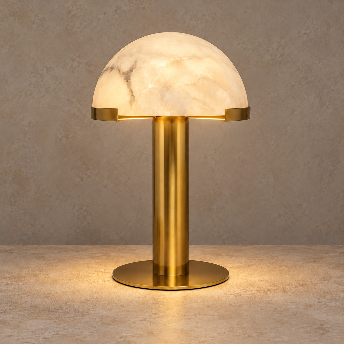 Illuminated alabaster dome retaining its natural mineral pattern.