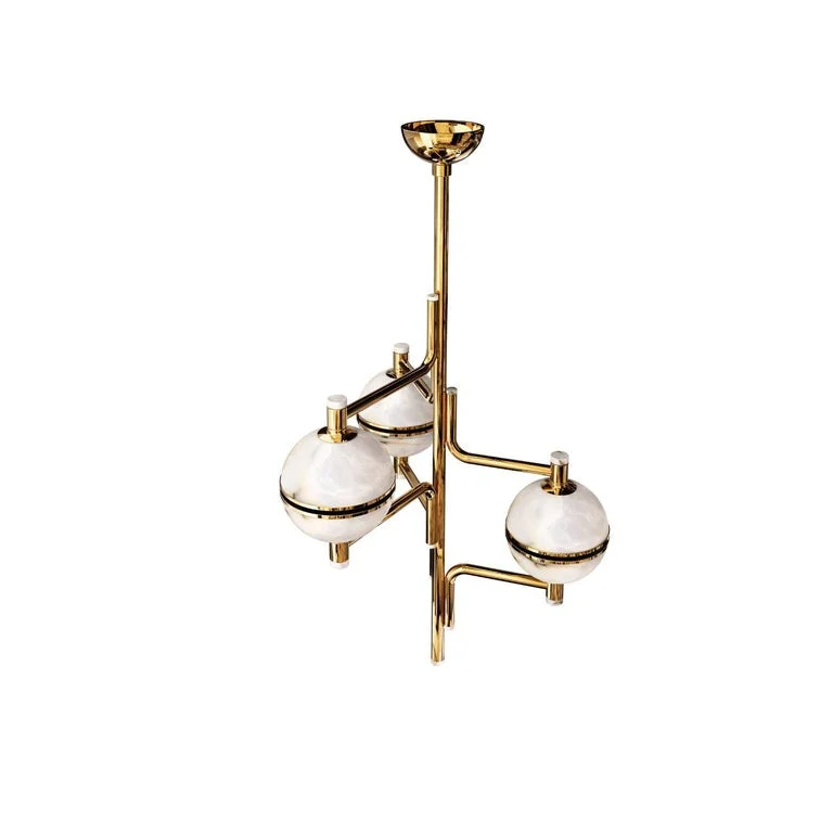 Alabaster Orbital Chandelier | Three-orb Brass Suspension 138cm Mid-century Stairwell & Entry Casalolalights Luxury