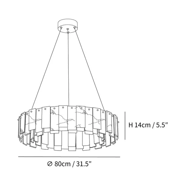 Dimensions of the 80 cm alabaster ring chandelier, with a 14 cm high body.