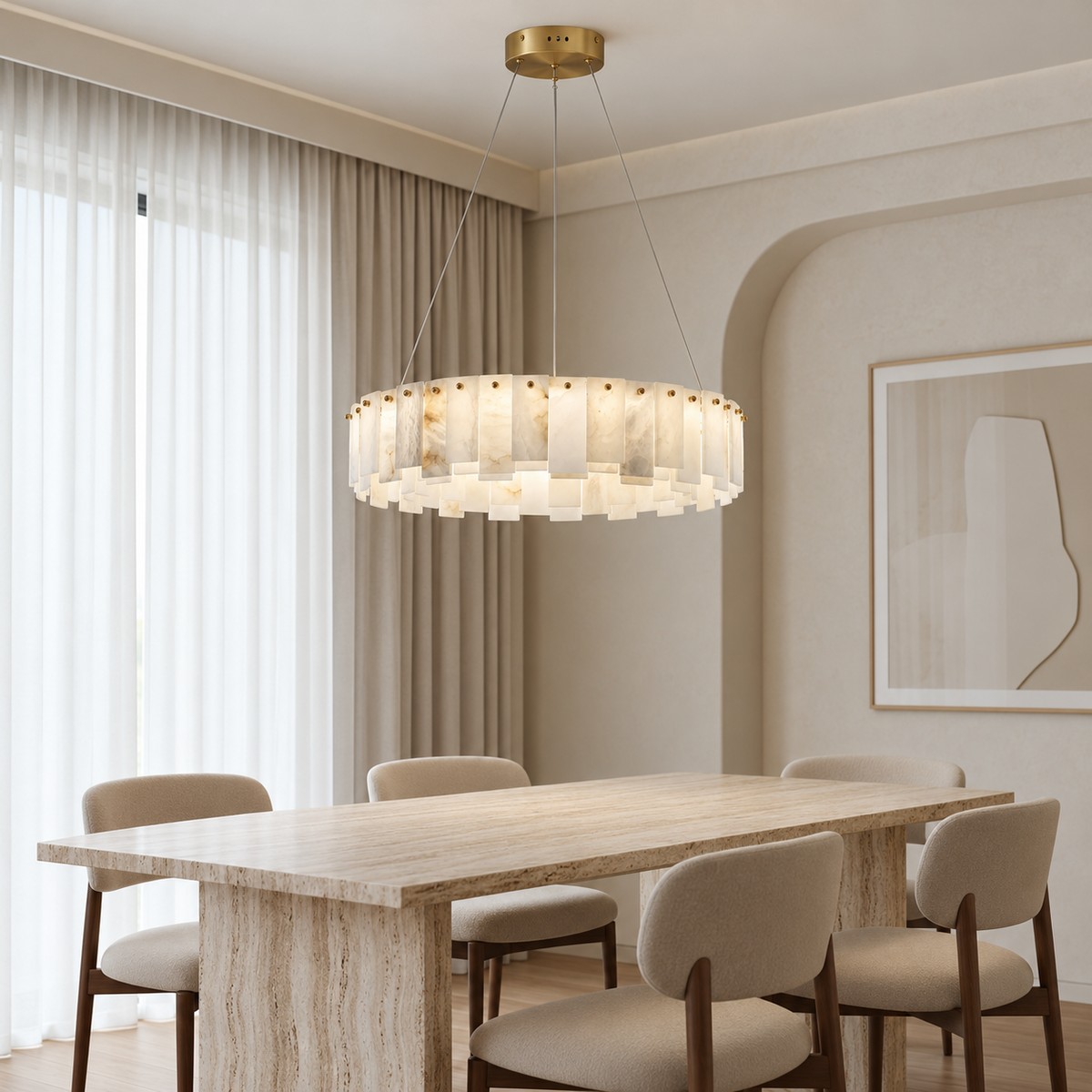 Alabaster ring chandelier above a stone dining table in natural daylight.