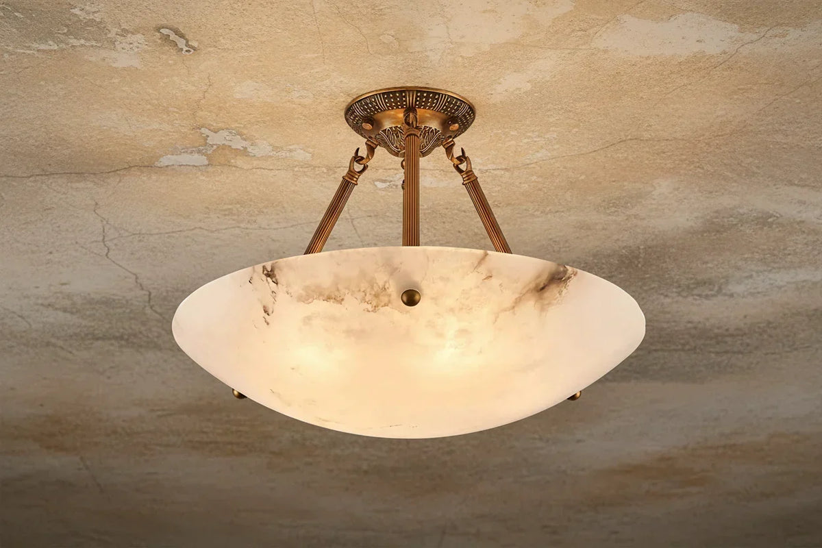 Genuine Alabaster Bowl Semi Flush | Six Diameters from Hallway to Great Room Brass Rods and Chain Casalola Lights