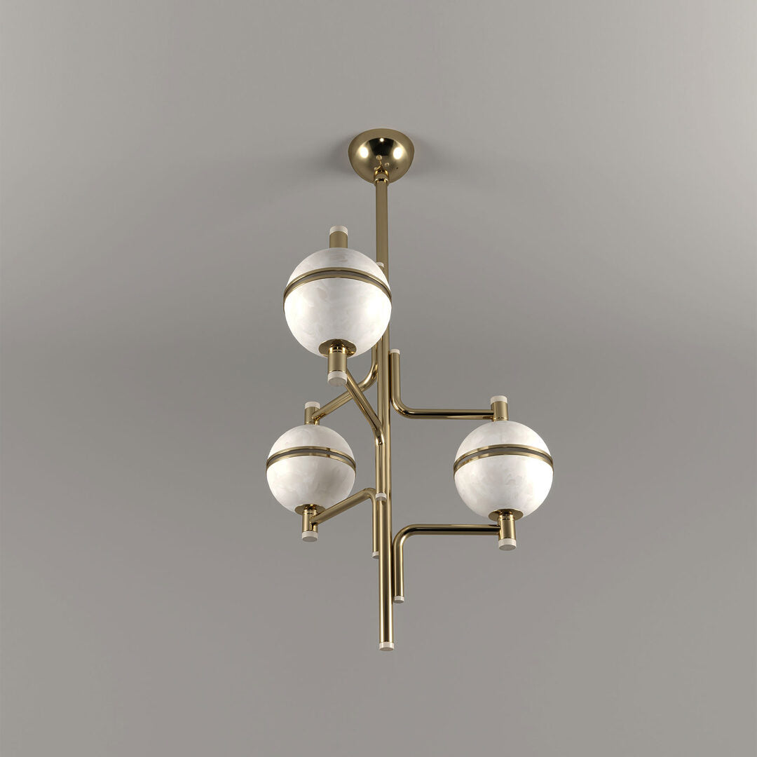 Solid Brass Multi-tier Orbital Chandelier | Genuine Alabaster Globe Pendant | 138cm Drop | Casalola Lights