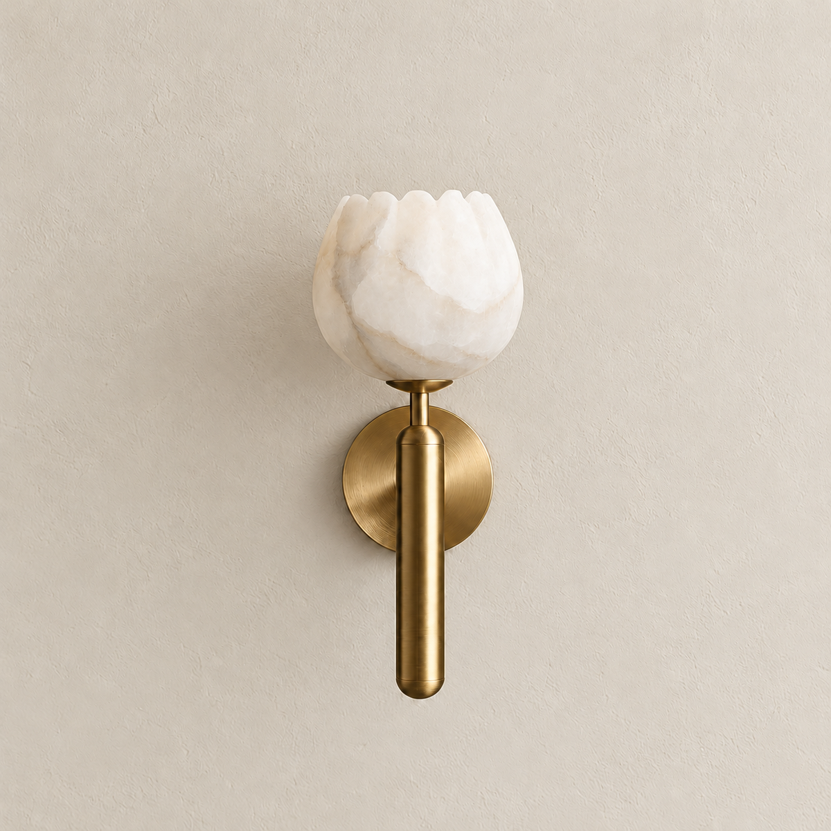 Front view of the CLDZY75 tulip-shaped alabaster shade and brass stem, unlit on beige.