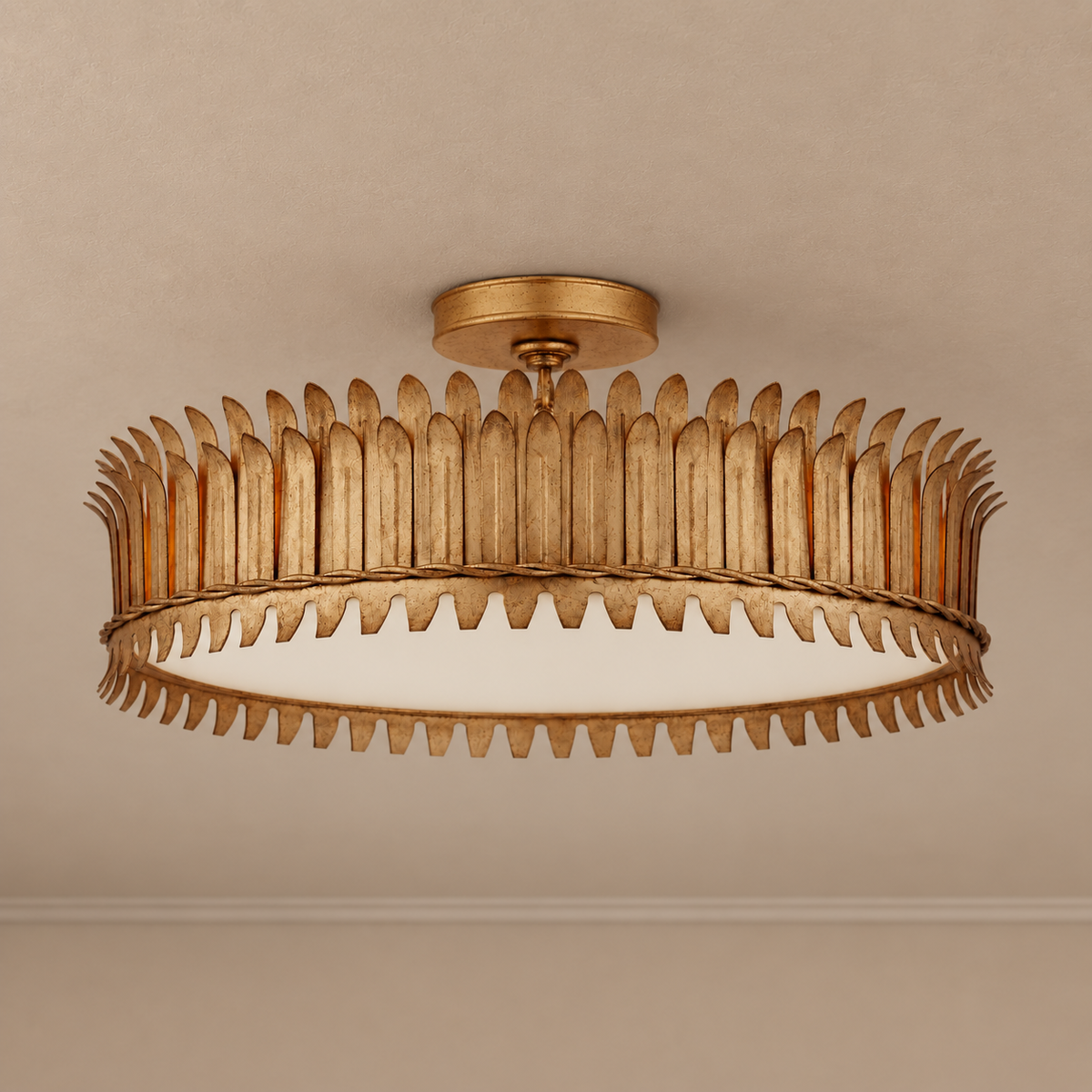 Brass Leaf Semi Flush Mount for Low Ceiling Antique Gold or Silver | Art Deco Dimmable Option Casalola Lights Luxury