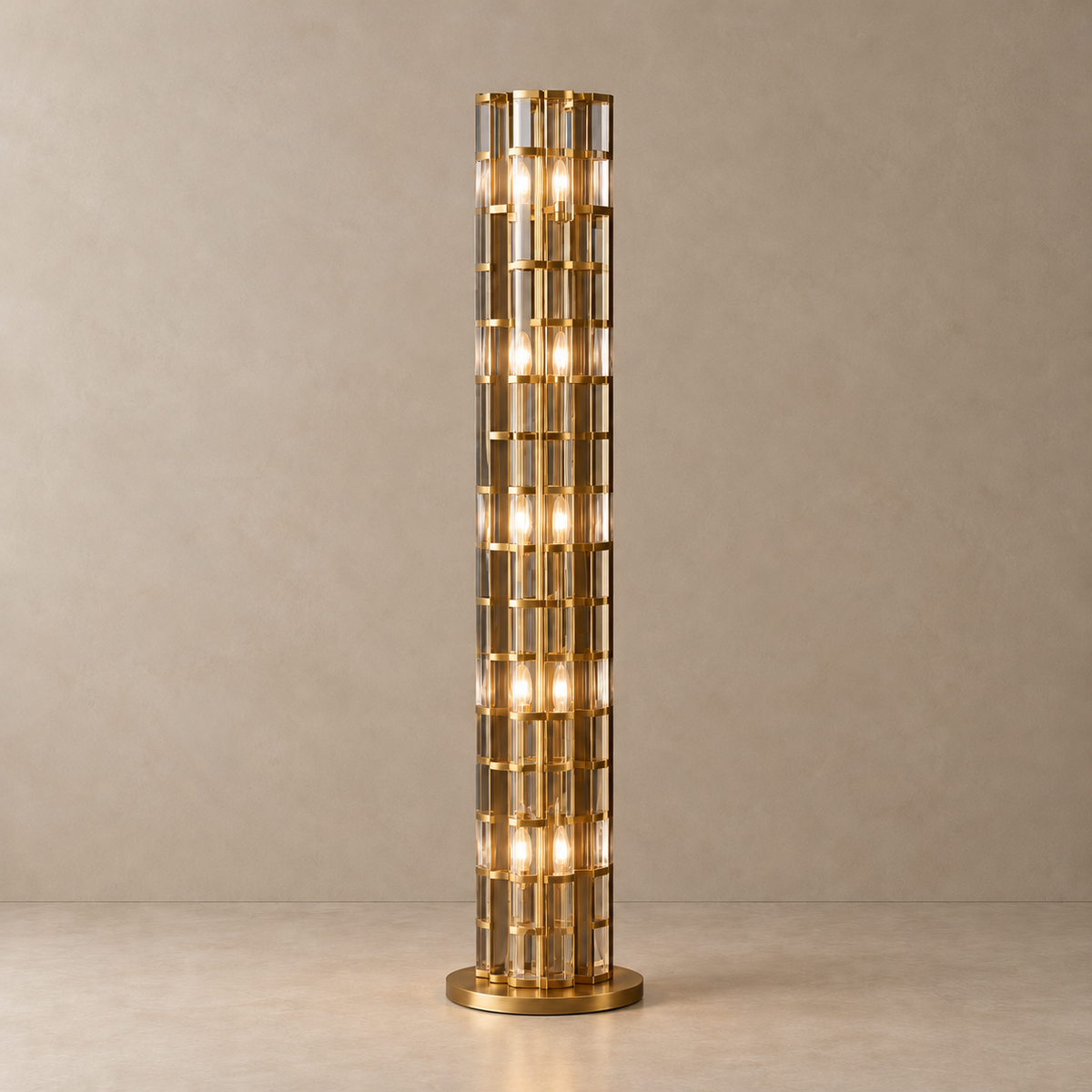 CLTAPE045 crystal column floor lamp with its candle bulbs illuminated.