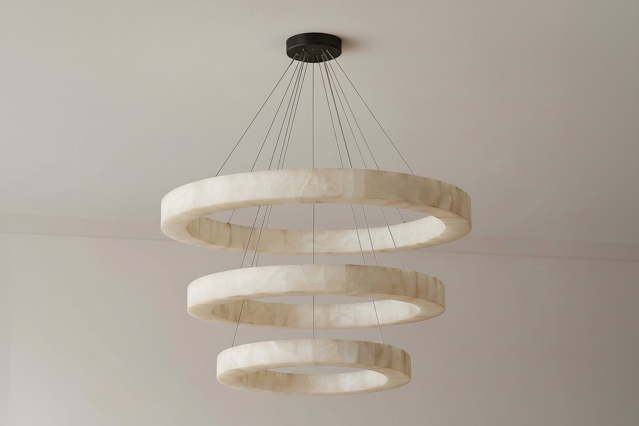 Large Alabaster Triple Ring Pendant Light Copper – Grand Led Halo Chandelier for Staircase & Living Room Casalolalights