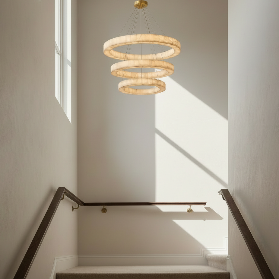 Large Alabaster Triple Ring Pendant Light Copper – Grand Led Halo Chandelier for Staircase & Living Room Casalolalights