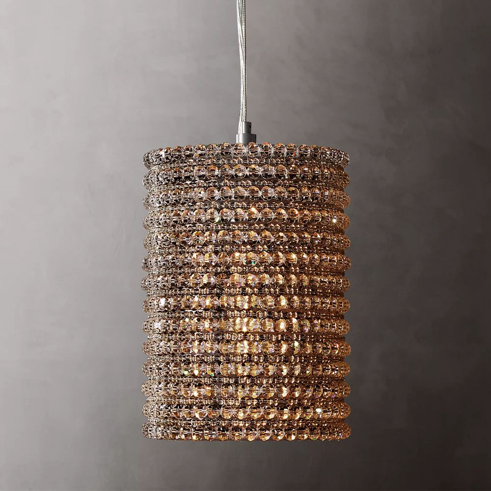 Amber K9 Crystal & Solid Copper Pendant Light | Art Deco Glamour Cylinder | 14cm Diameter (53cm or 90cm Tall)