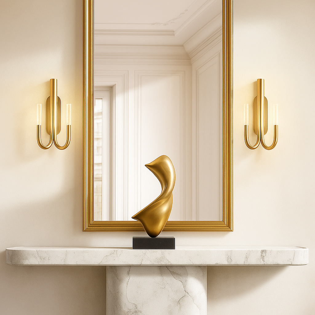 Double Tube Brass Wall Sconce with Frosted Glass – Modern U-shape Light for Bedroom Hallway or Bathroom Casalolalights