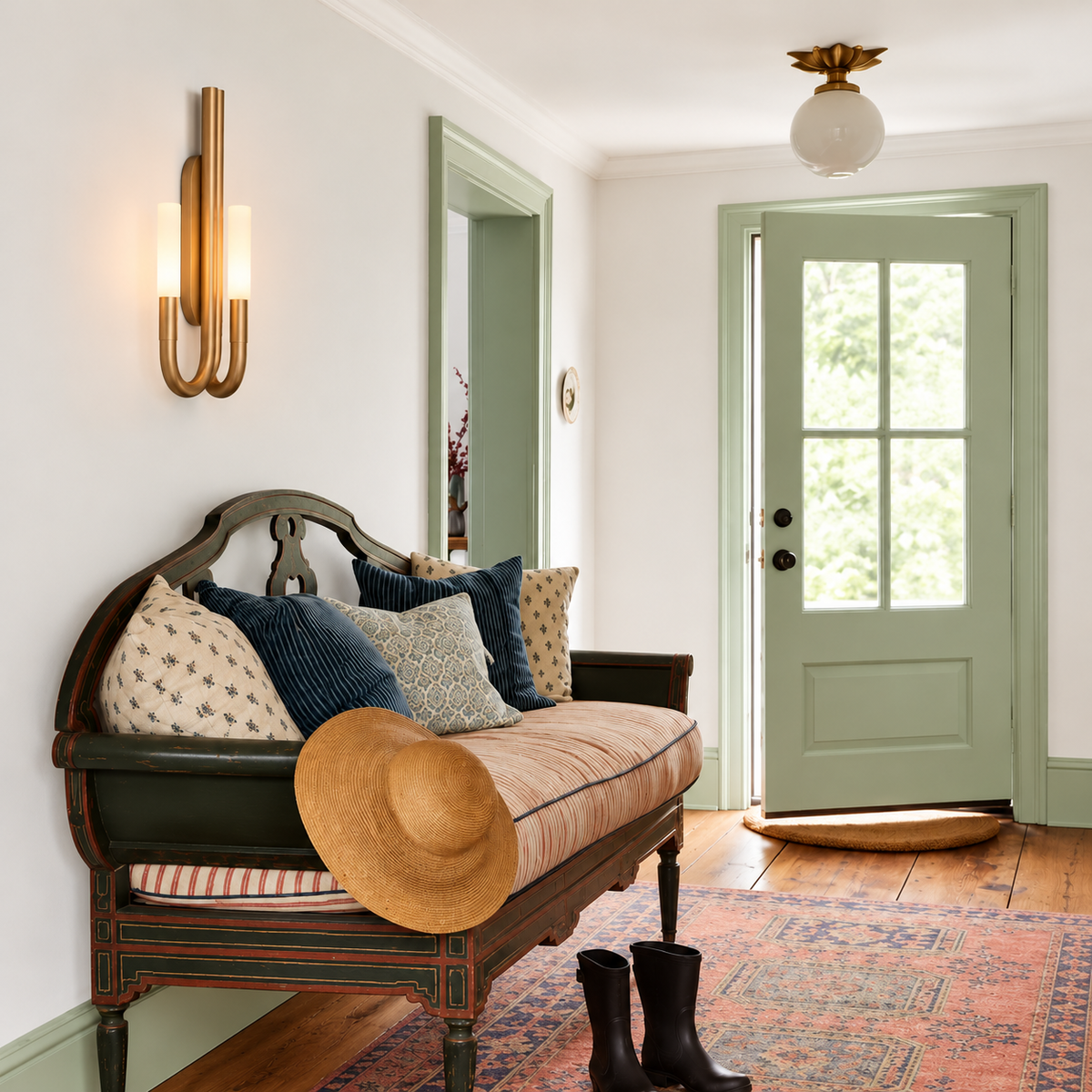 Brass double-arm wall sconce installed above a vintage entryway bench.