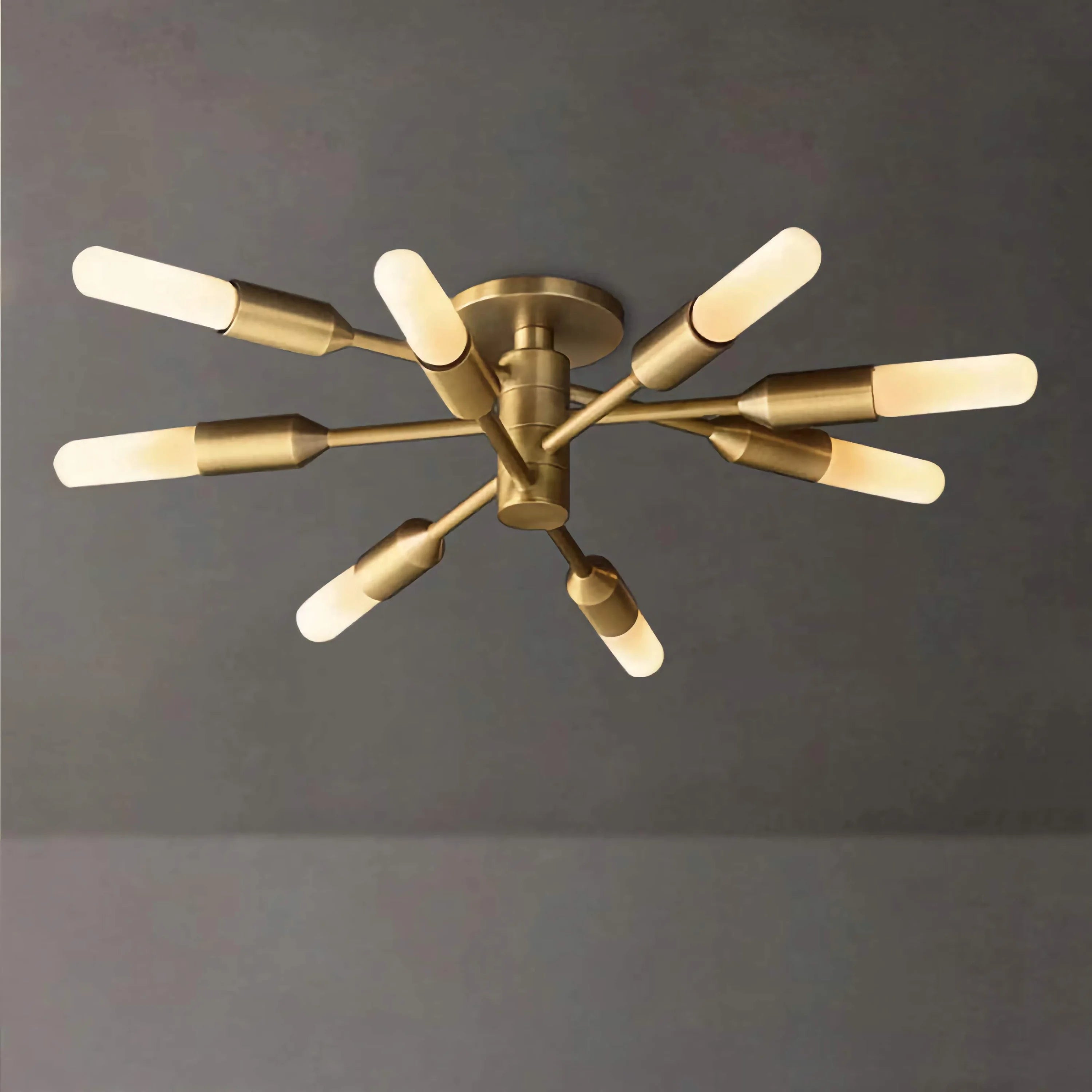 Modern Brass Sputnik Semi Flush Mount | 10 Light Mid Century Ceiling Fixture for Dining Room or Entryway