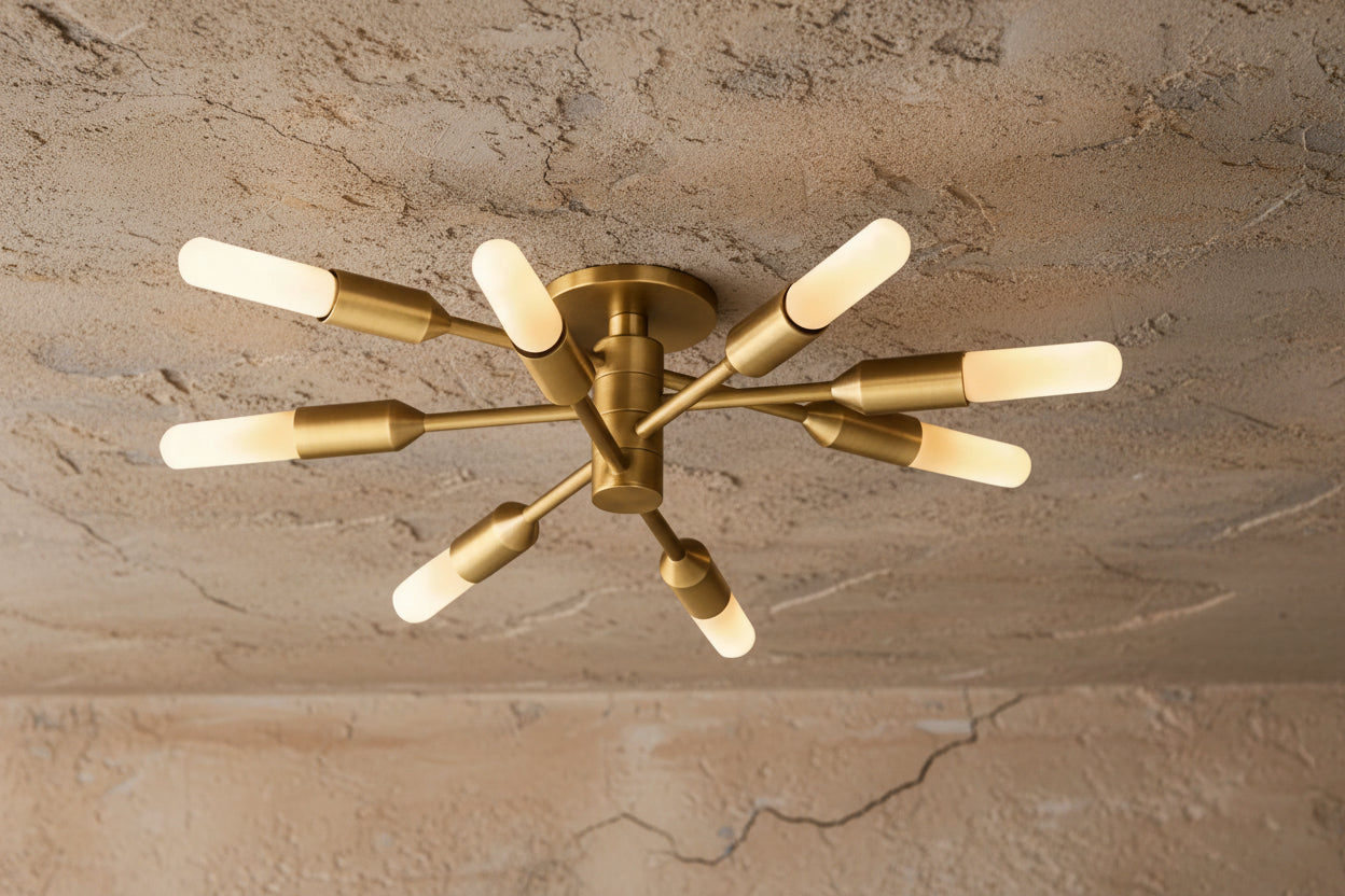 Modern Brass Sputnik Semi Flush Mount | 10 Light Mid Century Ceiling Fixture for Dining Room or Entryway
