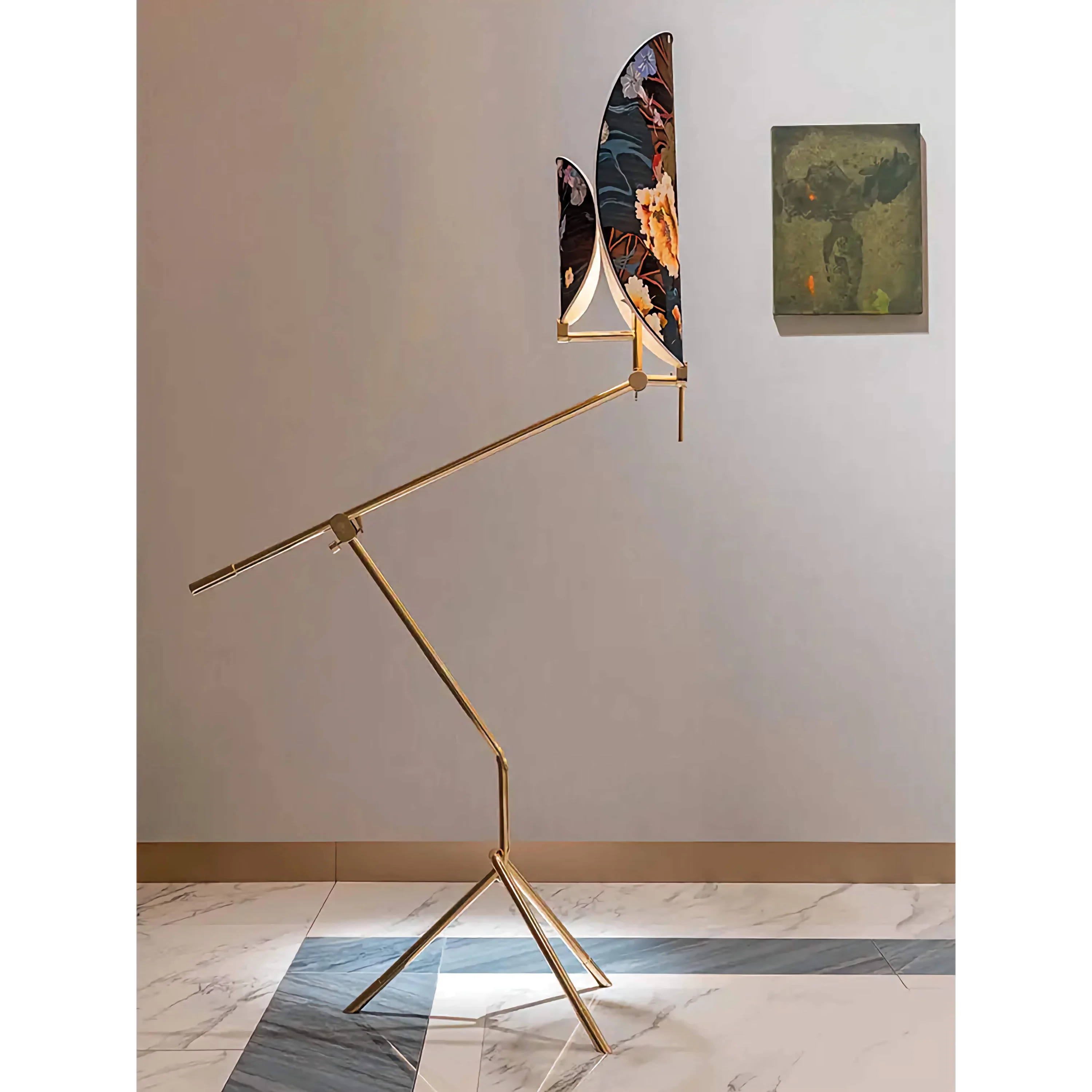 Akira Brass Floral Screen Art Deco Floor Lamp | Kyoto Atelier Hana Adjustable Ul-listed Led-ready