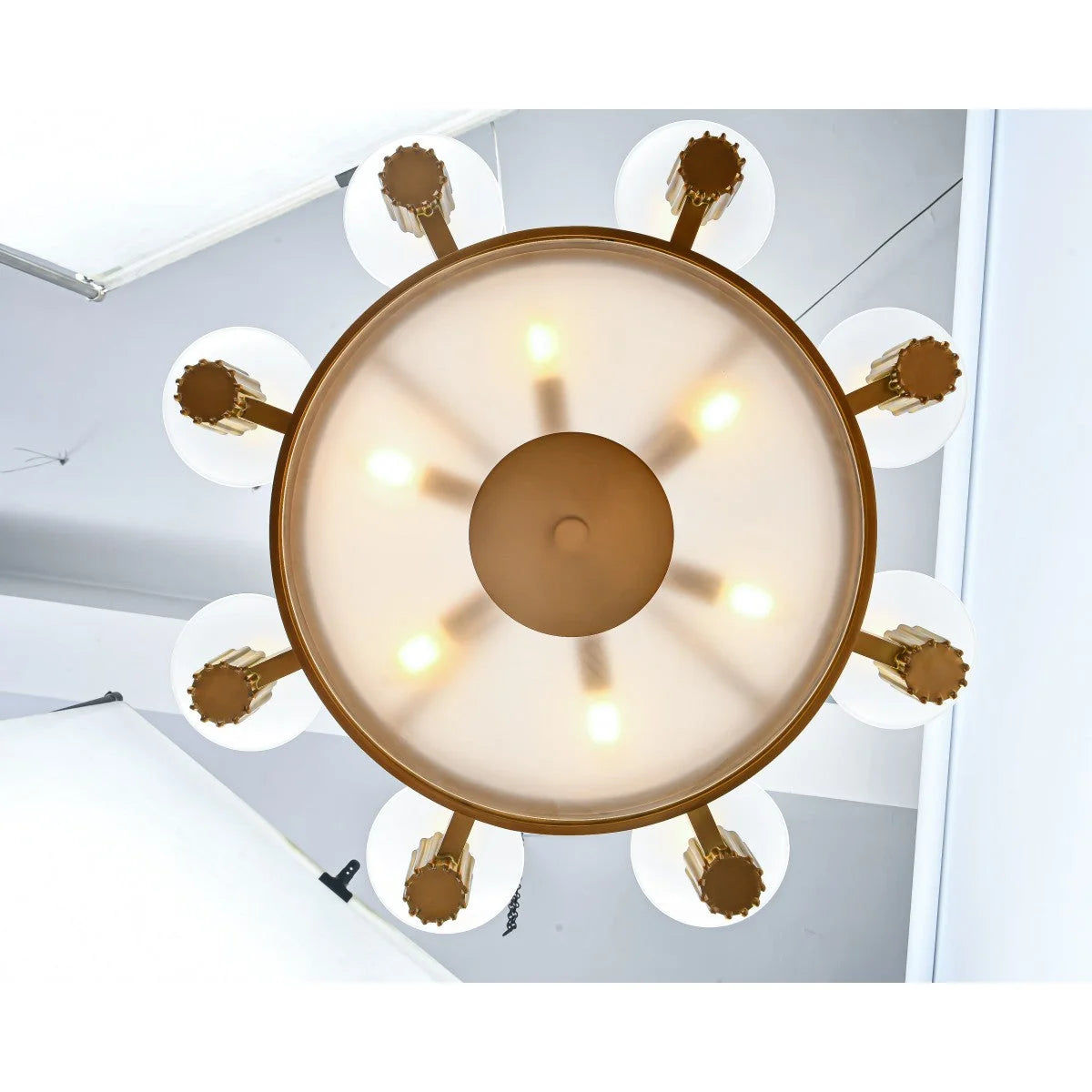 Art Deco Brass Chandelier | Vintage Stepped Frame with Frosted Uplights | Statement Pendant for Dining or Foyer