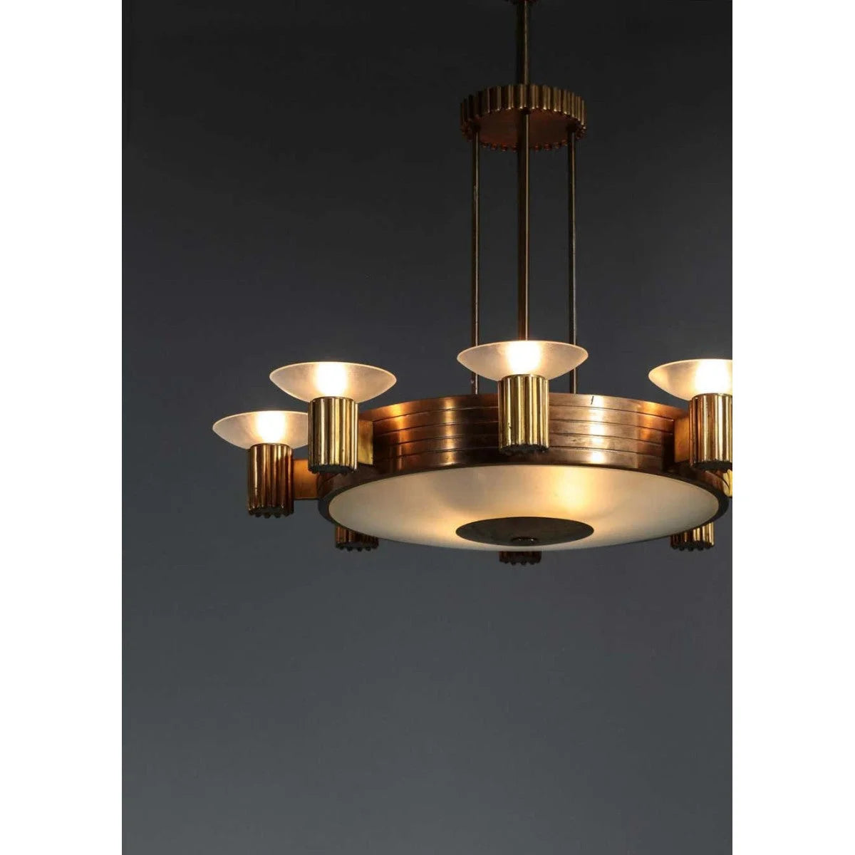 Art Deco Brass Chandelier | Vintage Stepped Frame with Frosted Uplights | Statement Pendant for Dining or Foyer