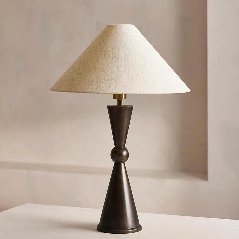 Art Deco Bronze Table Lamp Linen Shade – Modern Geometric Lighting for Bedroom Living Room