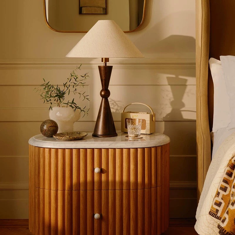 Art Deco Bronze Table Lamp Linen Shade – Modern Geometric Lighting for Bedroom Living Room