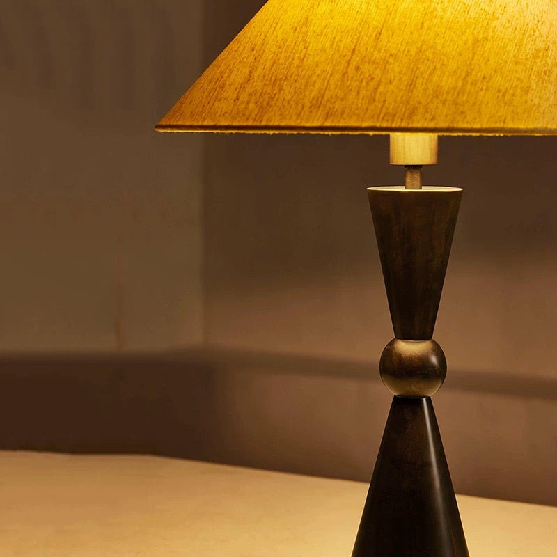 Art Deco Bronze Table Lamp Linen Shade – Modern Geometric Lighting for Bedroom Living Room