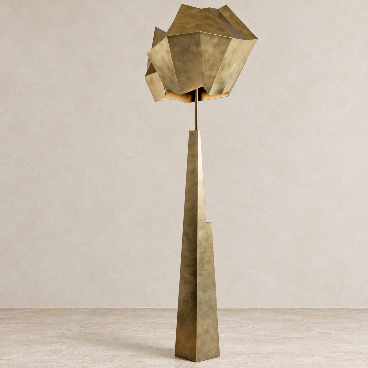 Side view of the Aventine Antique Gold floor lamp and its tapered alloy base.