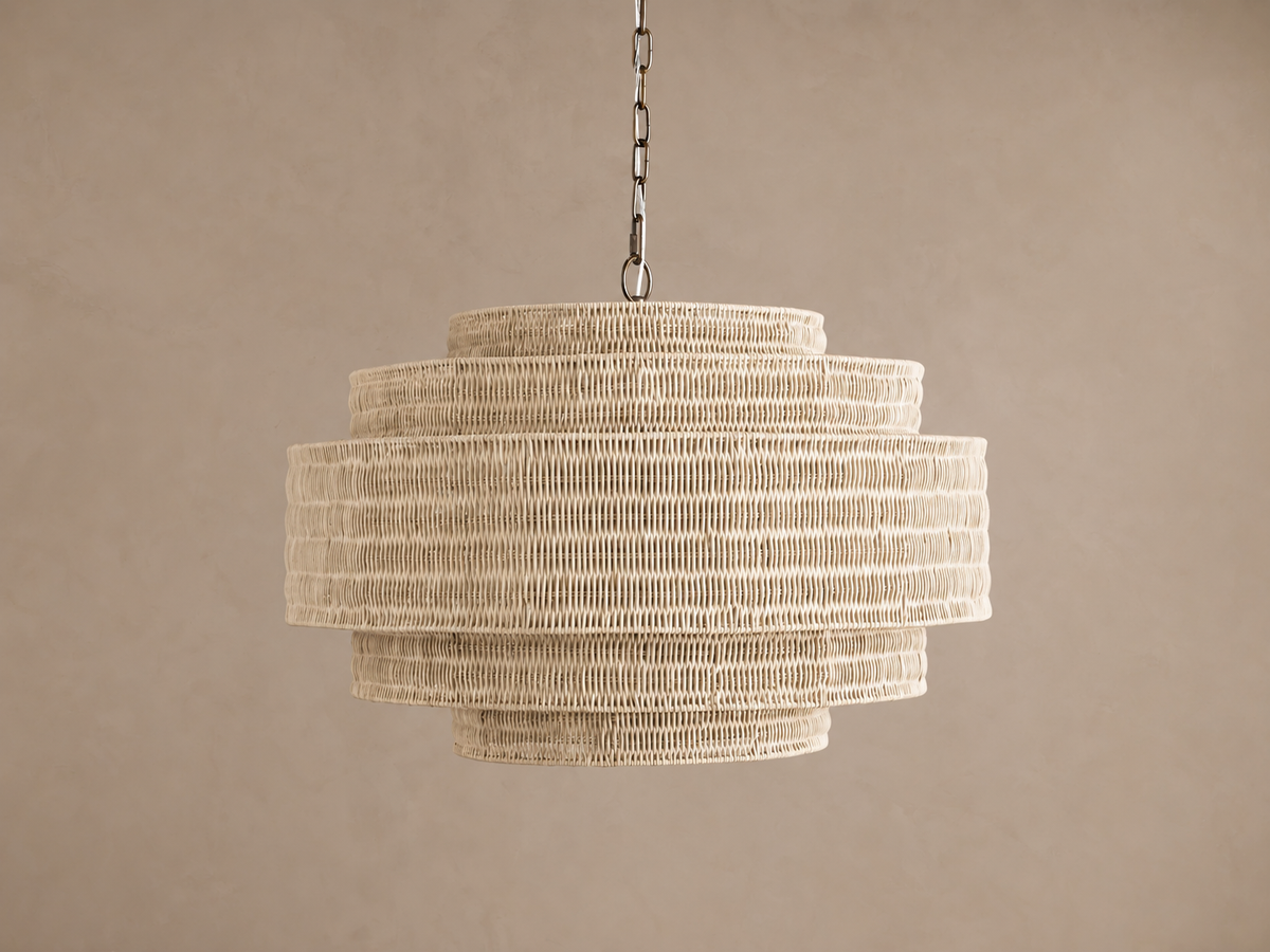 Beige rattan chandelier, five-tier hand-woven drum on a bronze chain