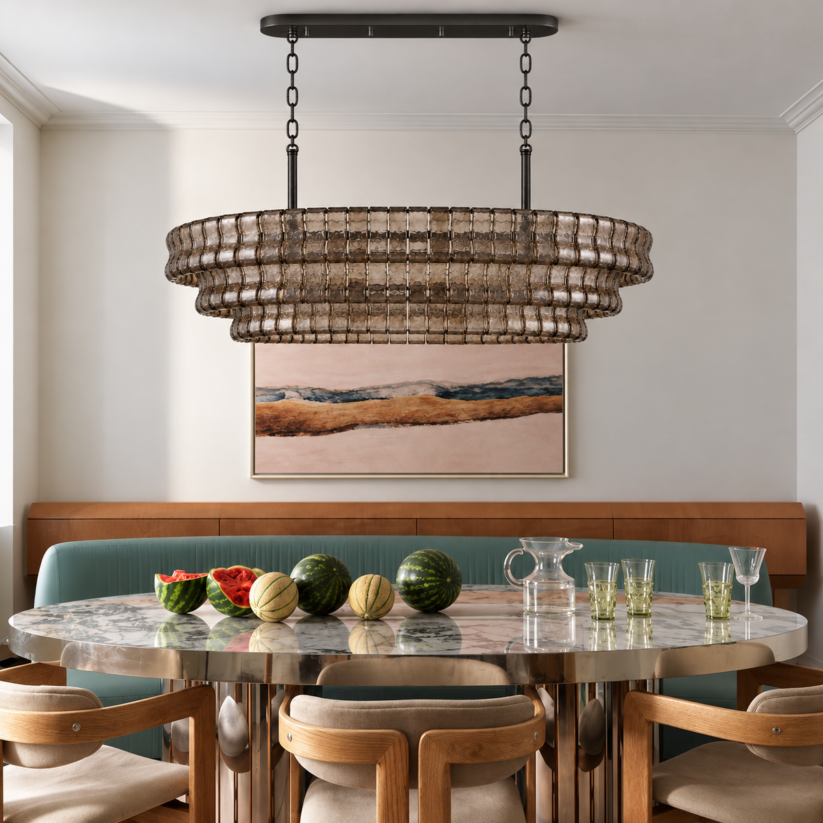 Bellatrix Long smoky glass chandelier above an oval marble dining table and green banquette.