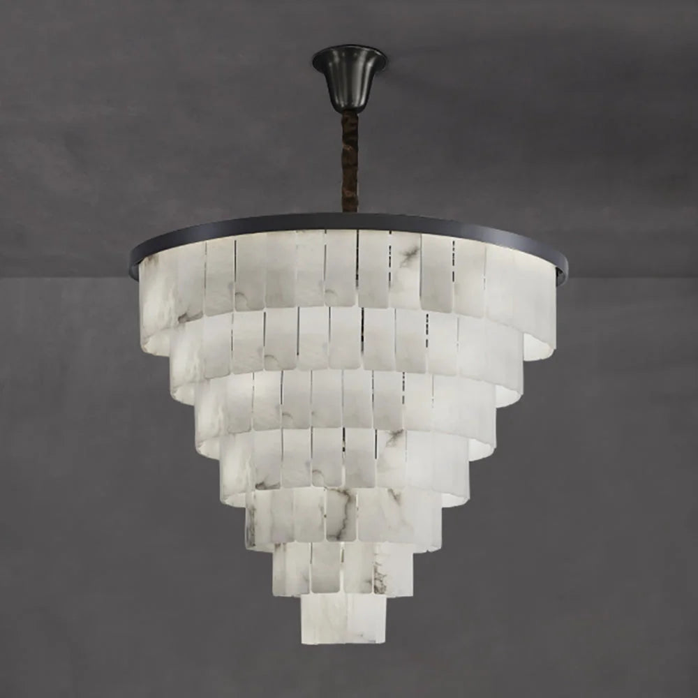 Tiered Alabaster Semi Flush Chandelier | Blackened Copper Frame | Designer Ceiling Light
