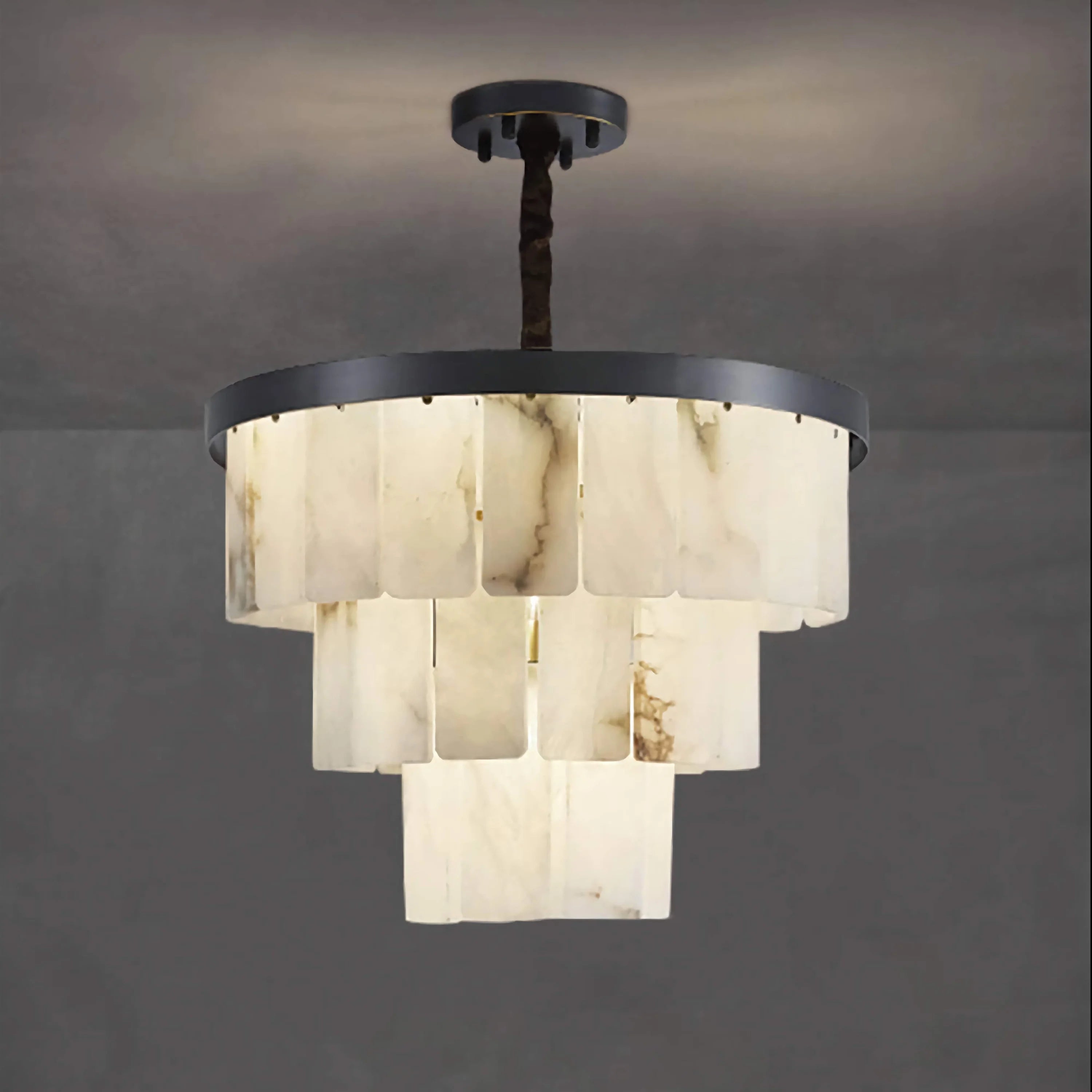 Tiered Alabaster Semi Flush Chandelier | Blackened Copper Frame | Designer Ceiling Light