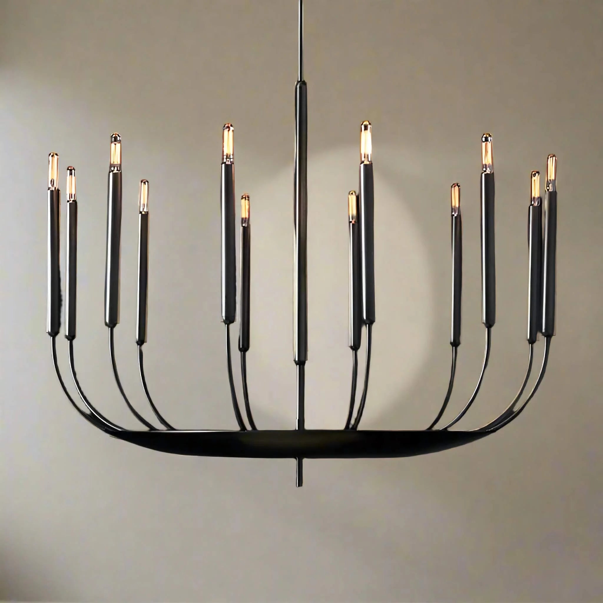 Black Slender Copper Candle Chandelier | Modern Pendant Lighting for Dining Room | Sculptural Candelabra Fixture