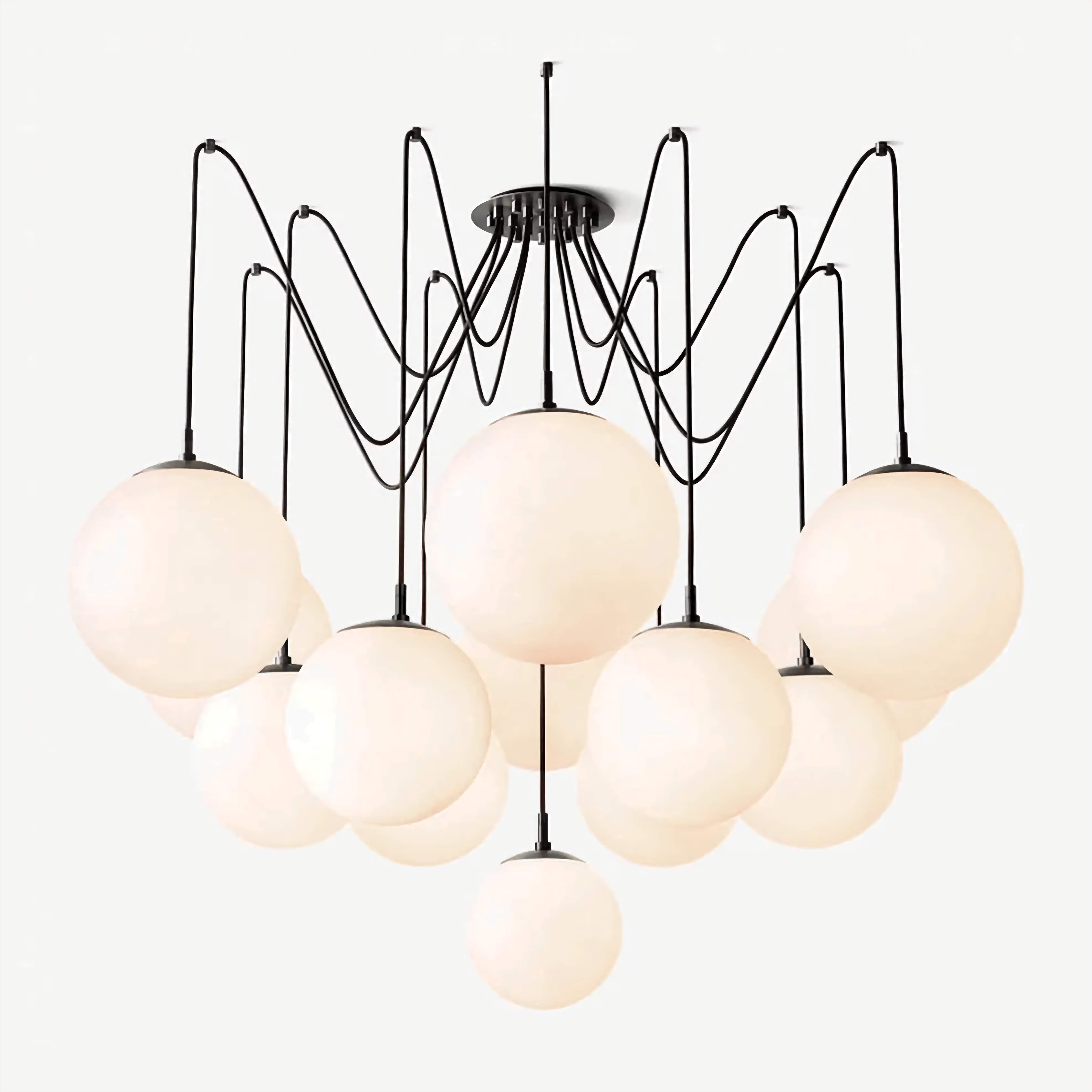 Black Globe Flush Mount Chandelier | 10-light Modern Ceiling Fixture | Opal Glass Pendant Cluster for Loft or Atrium